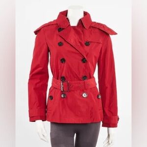 Burberry Balmoral Short Trench Coat Red Hooded Belted Jacket US 14 Like New